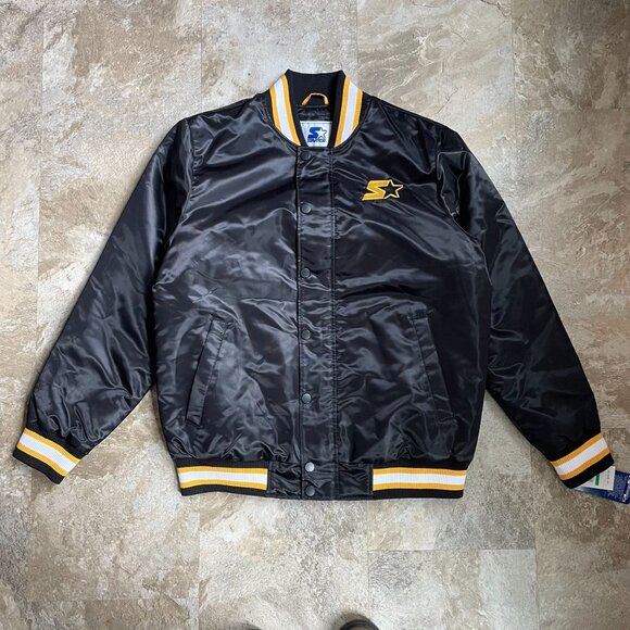 Starter Bomber Jacket Mens Large Satin Coat Pittsburgh Embroidered Black - Picture 1 of 8